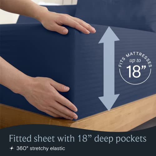 Image of LuxClub 5 PC Split King Size Sheet Set Bed Sheets, Breathable Luxury Sheets, Deep Pockets 18 inch Wrinkle Free Cooling Sheets Machine Washable Hotel Bedding (Split King, Striped Navy)