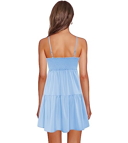 Image of Nova In Sky Womens Summer Mini Dresses Sleeveless Casual V-Neck Sundresses | Spaghetti Strap Casual Boho Mini Dress, Backless Ruffle A Line Mini Swing Skater Dress, Beach, Vacation, Concert, Graduation