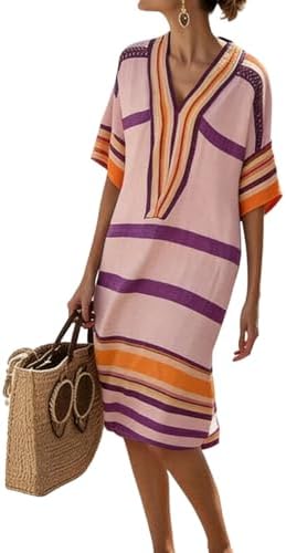 Dresses for Women Linen 3/4 Sleeve Midi Dresses Cute Striped Dress Summer V Neck Boho Vacation Dress Casual Outfits Pink-XXXL