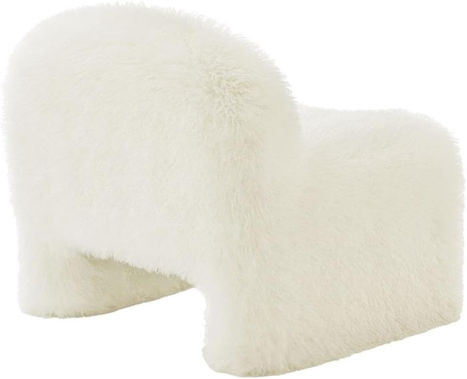 MAKLAINE Contemporary Faux Fur Upholstered Accent Chair, White, Rounded Backrest, Low Profile Armless Design, Sled Base with Non-Marking Foot Caps, Modern Living Room or Bedroom Seating, Fully