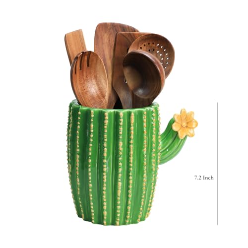Bicuzat Cactus Shaped Ceramic Kitchen Utensil Holder, Large Cooking Utensil Crocks for Kitchen Countertop, Ceramic Utensil Organizer, Yellow Flower