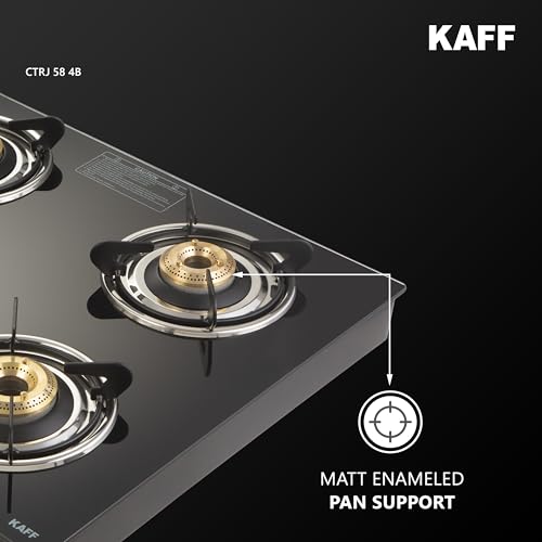 Image of KAFF Cooktop | 4 Burners with Slim Line Design 58 CM | 1 Jumbo burner | High Efficiency Brass Burners, Black Tempered Glass | Matt Enamelled Pan Support | Black | CTRJ58-4B