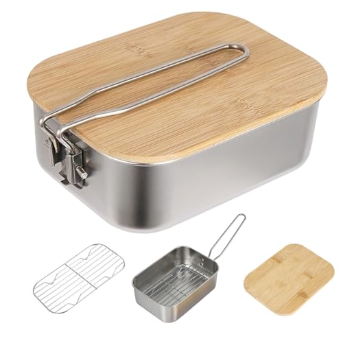 MOUNTTU Fiambrera de Acero Inoxidable con asa Plegable y Tapa de bambú, Fiambrera portátil de Metal de Grado alimenticio a Prueba de Fugas de 900 ml para Acampar al Aire Libre y Hacer mochileros