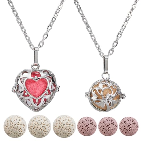 SUPERFINDINGS 2 Styles Essential Oil Diffuser Necklace Aromatherapy Essential Oils Pendant Love Heart and Hollow Ball Locket Pendant Necklace with 12 Pcs Lava Rock Stone