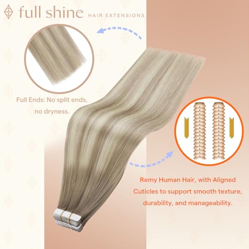 Image of Full Shine Human Hair Extensions Tape in, Ash Brown Platinum Blonde 14 Inch | 50g 20PCS, Invisible Tape in Hair Extensions Human Hair, Straight Seamless Skin Weft Smooth Finish Daily Wear