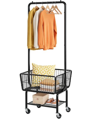 Tajsoon Rolling Laundry Cart with Hanging Rack & Laundry Basket, Black