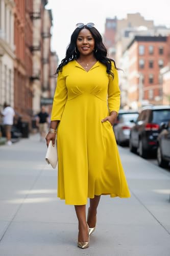 Image of Nmoder Women's Plus Size Stretchy Flared Wrap Dress Casual Wedding Guest Midi Dresses V Neck 3 /4 Sleeve A-Line Swing Dress