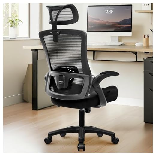 NEO CHAIR Office Desk Chair Gaming Computer High Back Support Mesh Comfy Seat with Adjustable Ergonomic Headrest Lumbar Rolling Flip-up Armrests and Wheels (Black)