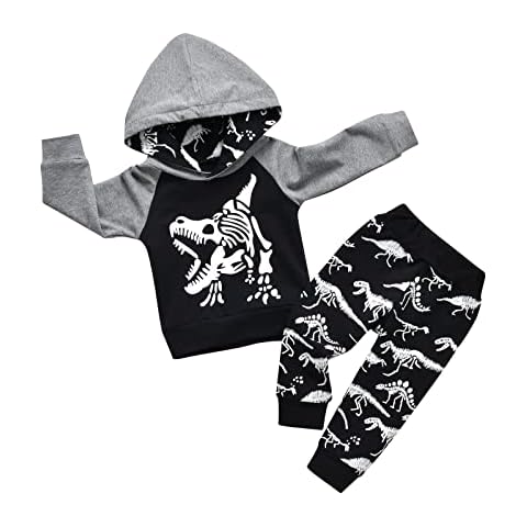 Awxoder Baby Boy Clothes with Dinosaur Print Hoodie Tops and Pants Sweatsuit Fall Winter Outfits 2Pcs, Black, 3-6 Months Cover