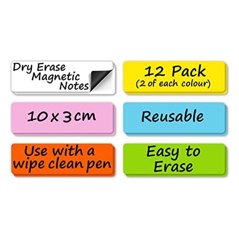 12 Pack - 10x3cm Magnetic Planning Labels in 6 colours for use on Wipe Clean Boards, Fridges etc. Dry Erase Whiteboard Magnetic Tiles for Office, Classroom or Home - Easy to Clean & Reuse Cover