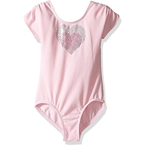 Jacques Moret Girls' Fashion Dance Leotard, Powder Pink Extended Sleeve with Heart Rhinestud Design, 4 Years Cover