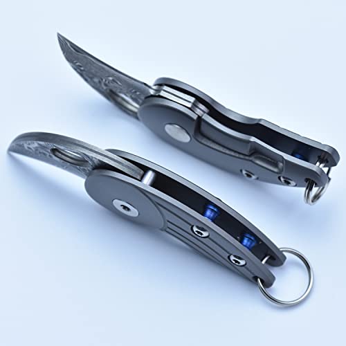 Jpcrmov Small Pocket Knife Damascus Steel Mini Knife Keychain Handle Tc4 Titanium Lightweight Only 19G, Smallest Folding Knife Hawkbill Blade Length 0.82" (Damascus) #TOP4
