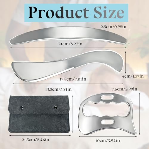 Gua Sha zestaw 3 w 1, Gua Sha ze stali nierdzewnej z filcową torbą do przechowywania, narzędzie do masażu powięzi, rozluźnienia mięśni nóg, pleców, twarzy i karku