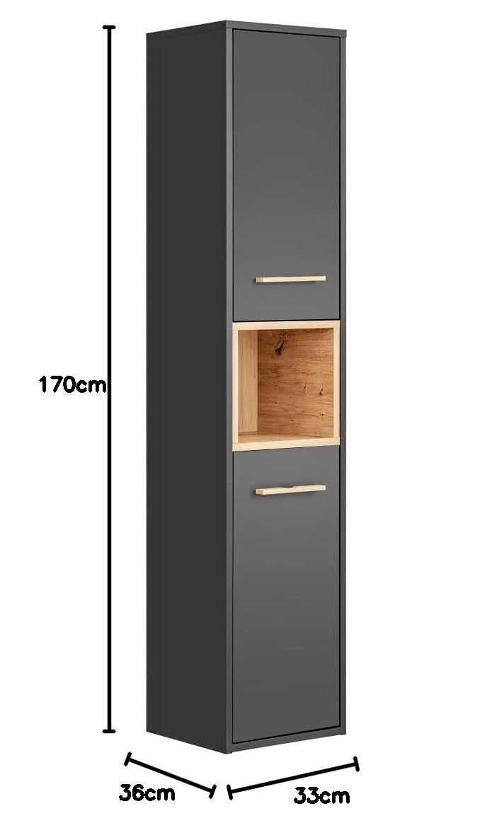 Wisząca szafka łazienkowa 2 szafki otwarta półka 170 cm grafitowa/dąb rzemieślnik - meble łazienkowe