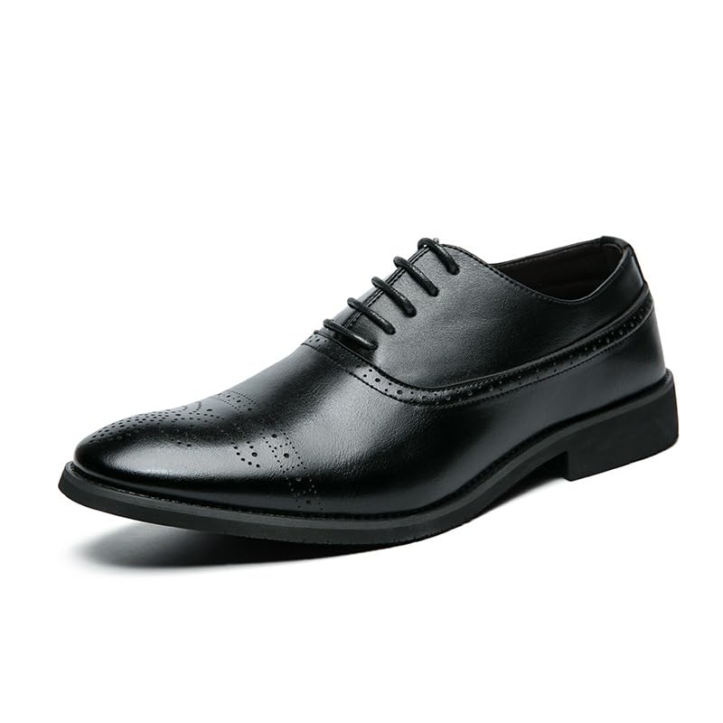 Dress Oxford for Men Lace Up Round Toe Brogue Embossed PU Leather Cap Toe Oxford Shoes Non Slip Rubber Sole Anti-Slip Slip Resistant Low Top Party