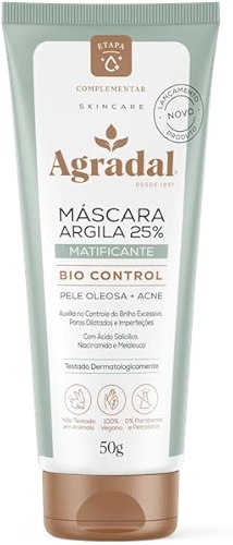 Agradal Máscara Facial de Argila 25%, Matificante Bio Control para Pele Oleosa e Acne, 50g