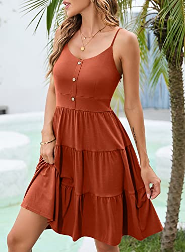 Image of YATHON Sundresses for Women Casual Summer Beach Sleeveless Spaghetti Strap Dress Button Down Ruffle Flowy Pleated Dresses