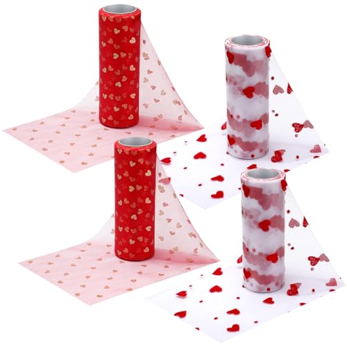 VitalCozy 4 Rolls Heart Mesh Tulle Roll Valentine‘s Day Red Heart Mesh Tulle Ribbon 10 Yards Fabric Netting for DIY Wedding Tutu Valentine Decor Craft Accessories