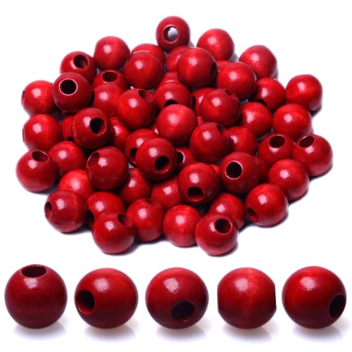 16mm Dark Red Wooden Beads - 120 Pieces Large Hole Vintage Style Wood Macrame Bead for Craft Garland Christmas Tree Tassel Decor Holiday Decoration