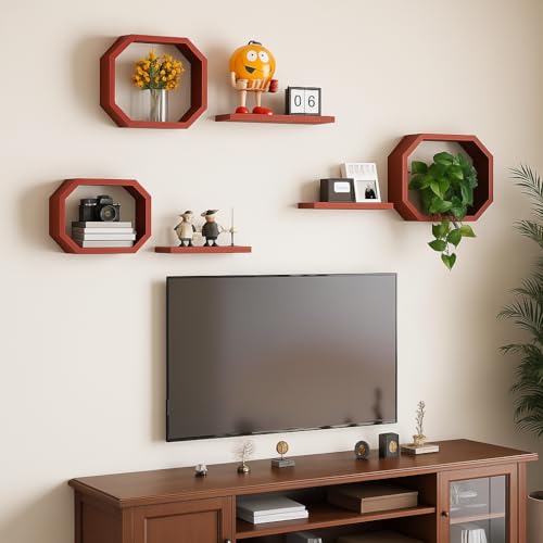 Image of Wall Mounted Floating Shelves Set of 6, Multipurpose Display, Book, Storage & Decor Shelves, Octagon Shape Wooden Wall Shelf for Living Room, Bedroom, Kitchen (Red)