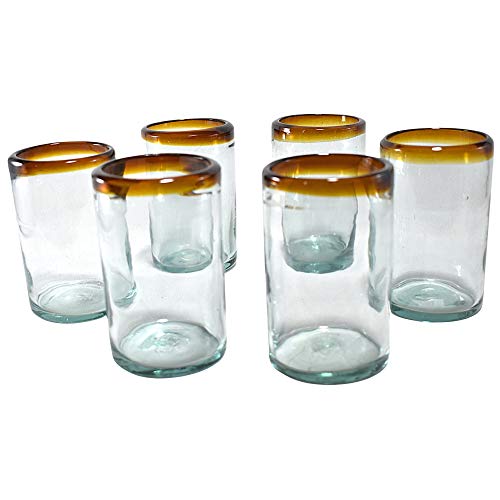 Hand Blown Drinking Glasses Artisan Crafted From Mexico Set Of 6 Pieces (Amber Rim, Water 16 Oz.) #TOP2