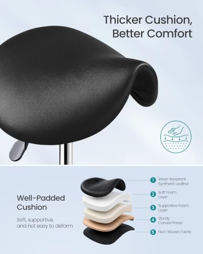 Image of SONGMICS Ergonomic Saddle Stool with Backrest and Wheels | Height Adjustable Salon Stool, 360 Swivel Beauty Chair, PU Leather, Ink Black, ACTIVO Collection UOSC015B101