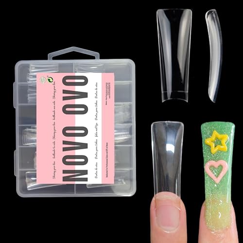 NOVO OVO XXL Long Duck Feet Nail Tips Half Cover for Acrylic Clear C Curve XXXL Extra Super Long Flare Y2K Wide French Soft Gel False Nail Extension x 11 Sizes in Box 110 pcs