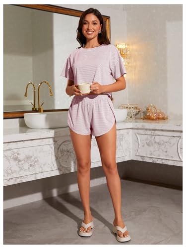 Image of OYOANGLE 2 Pack Pajama for Woman Set Summer Cute PJ Sets Striped Short Sleeve Tshirt and Split Shorts Lounge Set