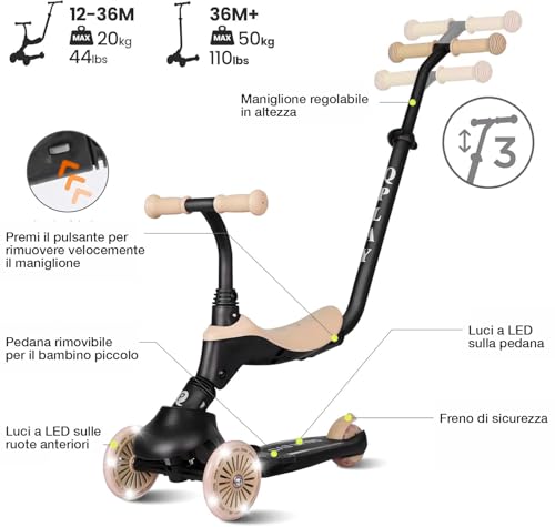 Monopattino Qplay Sema Evo 6 In 1 Con Seduta, Maniglione A Spinta E Luci A Led Su Ruote E Pedana Con Funzionamento A Dinamo, Da 1 A 6 Anni, Portata Massima 50 Kg, Pieghevole (Beige) - 3