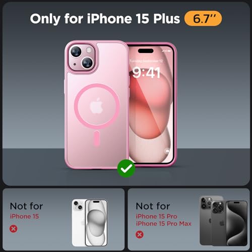 Image of Miracase Magnetic for iPhone 15 Plus Case 6.7 inch (Compatible with MagSafe)(with 2X Screen Protectors) Military-Grade Protection, Anti-Fingerprint Translucent Matte Phone Cover, Mes Pink