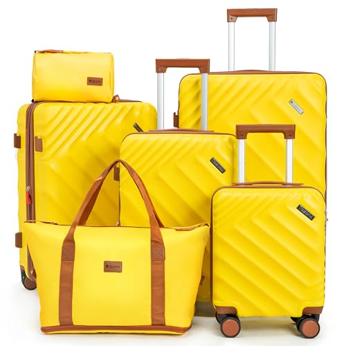 Image of 6 piece Luggage Set Expandable Suitcase 22x14x9 Airline Approved Carry on, ABS Hard Case Suitcases with Spinner Wheels, TSA Lock, (Yellow)