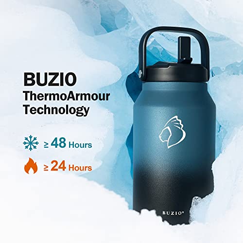 BUZIO Insulated Water Bottle 64 oz with Straw Lid, Half Gallon Wide Mouth Leak-Proof Vacuum Stainless Steel Water Flask with Handle, Keep Cold Water Bottle for Sports, Indigo Crush
