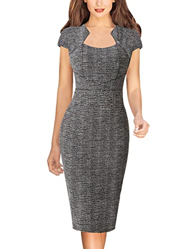 VFSHOW Womens Square Neck Work Office Business Bodycon Dress 1950s Cap Sleeve Elegant Church Slim Fitted Pencil Sheath Dress (Black Tweed, Medium) 10265 BLK M