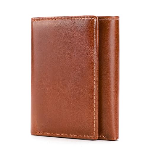 Premium Genuine Leather Trifold Wallet for Men – RFID Blocking Technology, Large Capacity for Cards and Cash, Slim Design for Easy Carry (Oil Coffee)