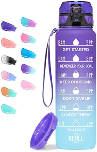 Elvira 32oz Motivational Fitness Sports Water Bottle with Time Marker & Removable Strainer,Fast Flow,Flip Top Leakproof Durable BPA Free Non-Toxic-Grape/Green Gradient, Tritan
