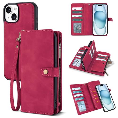 TwoHead for iPhone 15 Wallet Case with 11 Card Holders,Wine Red by TwoHead - Used condition - US$19.97