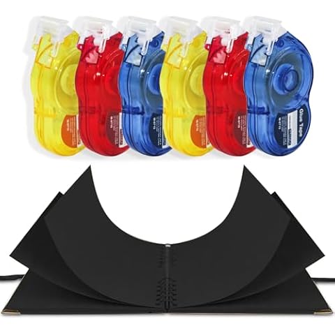Scrapbook Tape Set, 6 Pack Double-Sided Tape Roller (0.31 in x 32 ft) for Scrapbooking, Crafting, Photo Art with 8x8 Inch Hardcover Scrapbook with 60 Black Blank Pages - Perfect for Travel, Birthdays. Cover