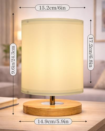 Image of Homesake Small Pine LED Table Lamp-Wooden Bedside Lamp Simple Bedroom Light Linen Shade Mini Desk Lamp Nightstand Lamps for Bedroom, Living Room, Gift, (Clip Off-White Shade)