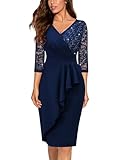 MIUSOL Classic V-Neck Sequin Floral Lace Contrast Ruffle Trim Wrap Hem 3/4 Sleeve Cocktail Party Fitted Dress (Large, Navy Blue)