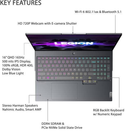 Image of Newest Lenovo Legion 7 Gaming Laptop, 16 inch QHD 165Hz IPS Display, AMD Ryzen 9 5900HX, GeForce RTX 3080, 64GB DDR4 RAM, 1TB PCIe SSD, Webcam, RGB Backlit Keyboard, Wi-Fi 6, Win 11 Pro