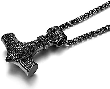 Finrezio Mjolnir Necklace Thor's Hammer in Stainless Steel for Men Viking Norse Pendant Silver/Black