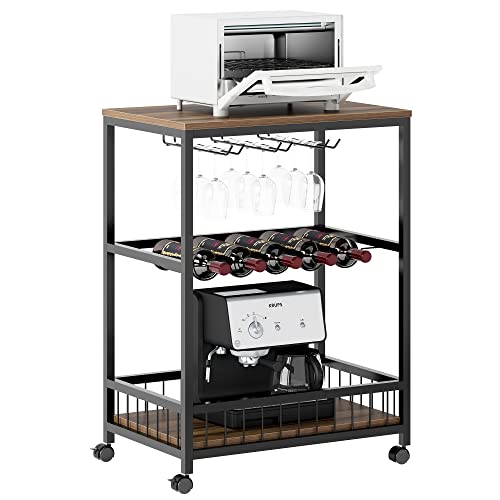 SogesHome Carrito de cocina con 2 estantes con soporte de cristal y estante para vino para 5 botellas sobre ruedas con cerradura, 60 cm x 40 cm Cover