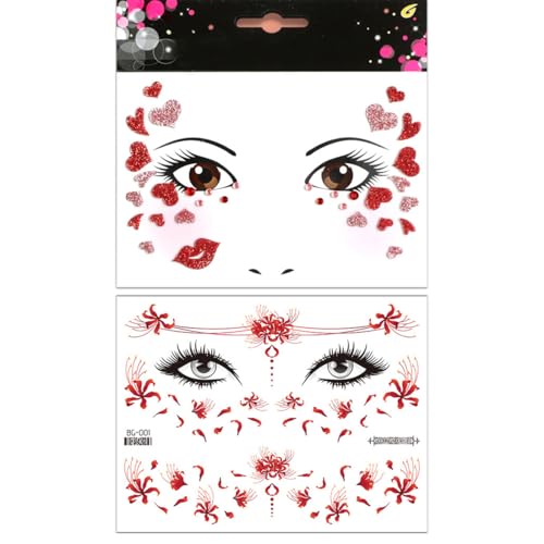 2 Set Adesivi Viso con Cuori e Glitter – Tatuaggi Temporanei per Halloween, Carnevale e Feste, Facili da Applicare per Bambina e Adulti, Stickers Viso