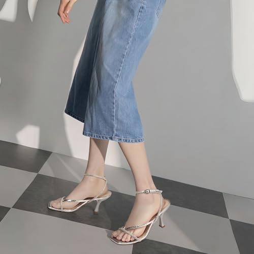 Image of Carcuume Womens Kitten Heels Square Toe Thong Strappy Ankle Strap Stiletto Heel Sandals