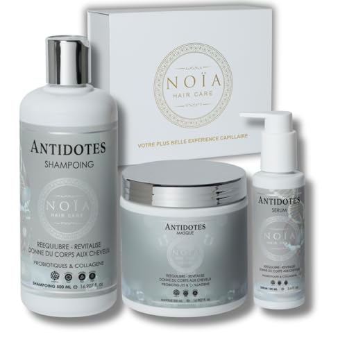 NOÏA HAIR – Trio Capillaire Professionnel ANTIDOTES – Shampoing 500ml - Masque 500ml - Sérum 100ml – Soin Probiotique Rééquilibrant & Réparateur – Cheveux Sensibilisés & Déséquilibrés