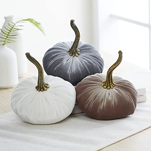 Set of 3 Small Velvet Pumpkins, autumn hygge home, cozy fall vibe, elegant gift set for friend, shelf sitter for office, pumpkin trick or treat, table decor, bowl filler (Gray, Taupe, Ivory)