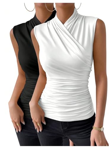 SOLY HUX Women's 2 Piece Tank Tops Ruched Wrap Mock Neck Sleeveless Slim Fit Casual Summer Top