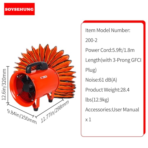 Ventilador de extracción portátil de 8 pulgadas con manguera, ventilador industrial de ventilación de 1070 CFM | 230 W, carcasa de acero, protección GFCI e IP44 para talleres y espacios reducidos miniatura 7
