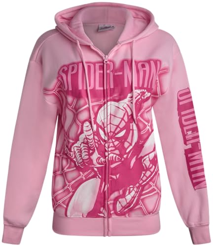 Marvel Spiderman Sweatshirt for Women - Graphic Full Zip Hoodies for Women with Front Pockets - Fashion Graphic Sweatshirts, Size Small, Light Pink Spiderman