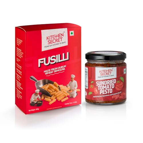 Image of Kitchen Secret Sauce Pasta Combo | Fusilli Pasta 500g + Red Pesto Sauce 100% Durum Wheat | No Maida, Egg Free, Trans Fat Free | Easy To Cook Tasty Italian Dish Anytime (Combo Pack)